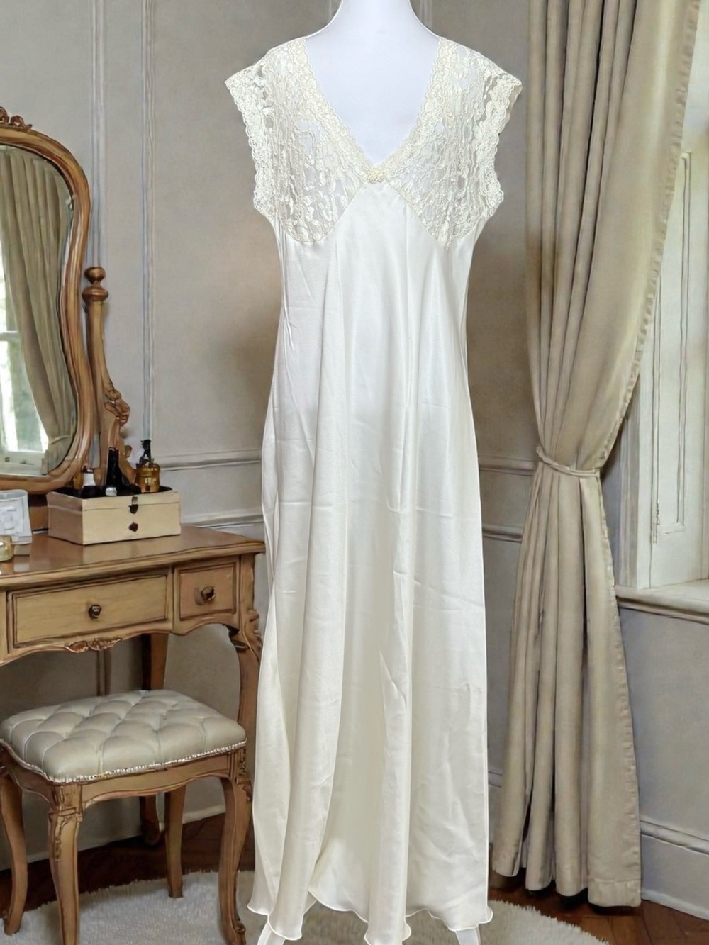 Vintage Nightgown Slip Dress Ivory Satin Bridal USA XL 1X